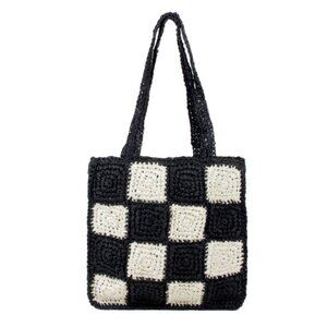 Checkered/ Patchwork- Black & White Straw Tote /Beach Bag - NWT